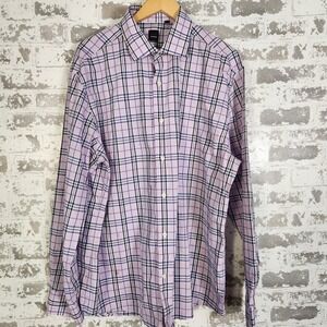 BLACK Saks 5th Avenue Dress Shirt  Men XXL Plaid Pink Blue Cotton Blend Business